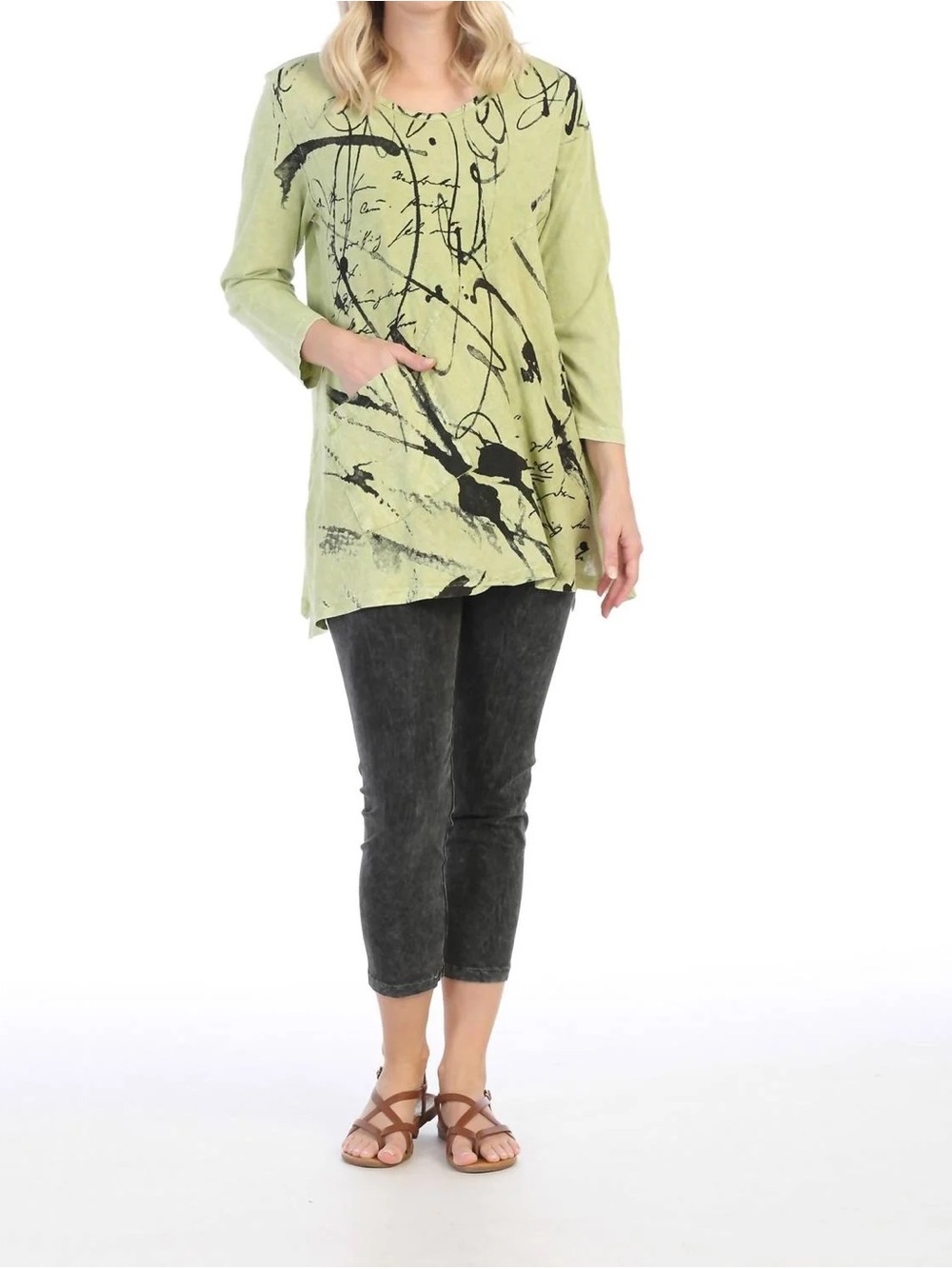 NWT Jess & Jane Scrolls Mineral Washed 100% Cotton Top Cotton Citrus Green S